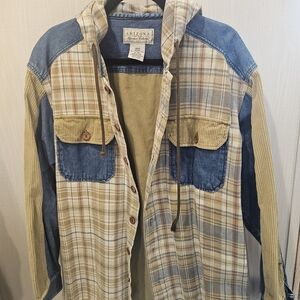 Vintage Y2K 90s Arizona Jean Co. Denim Plaid And Corduroy Hooded Light Jacket